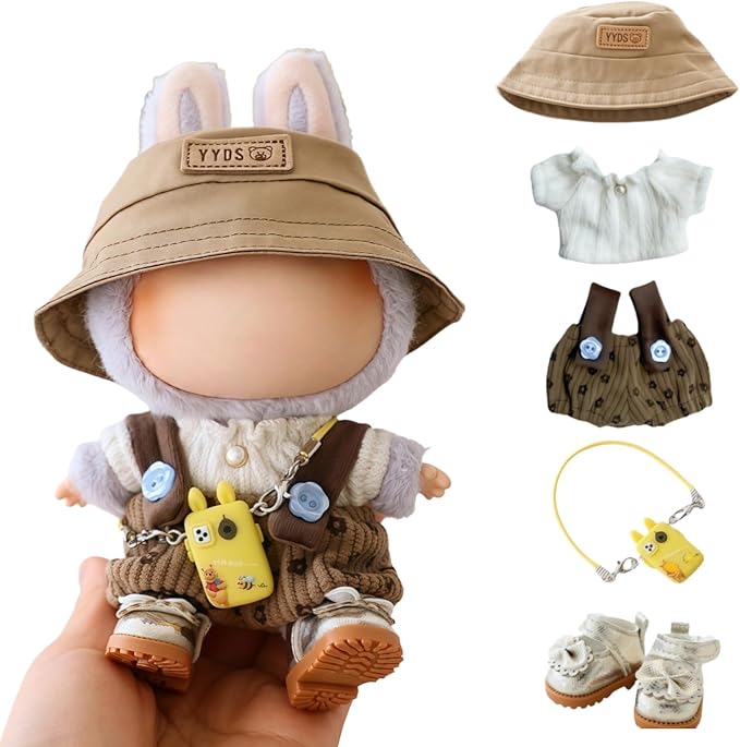 Clothes for Lu bubu 17cm Dolls Accessories(No Doll), Cute Outfit Set 5 Pieces Bib Pants for 17cm Doll Suit, Stylish Dress Up Overalls Doll Clothing Set Replacement with Hat Clothes Shoes Brown