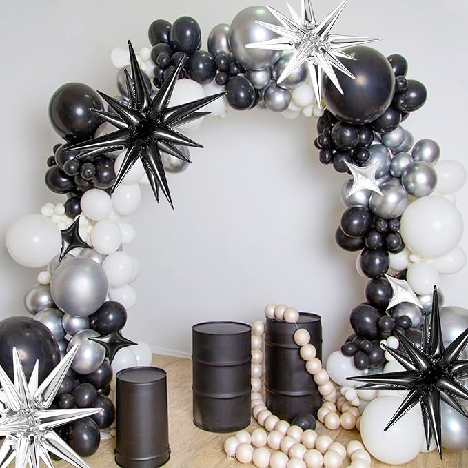 20 Pcs Star Balloons 27”22”Explosion Foil Balloons- Spike Balloon and Four Pointed Star Balloon for Party Supplies Christmas Birthday Wedding Photo Booth (Silver Black)
