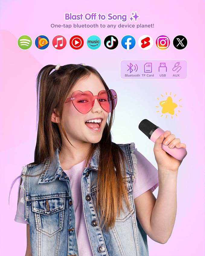 Mini Karaoke Machine for Kids with 2 Wireless Microphones, Portable Bluetooth Speaker Gift for Girls Toys 4, 5, 6, 7, 8, 9, 10, 12+ Years, LED Lights Chritmas Birthday Festival for Party, Home(Pink)
