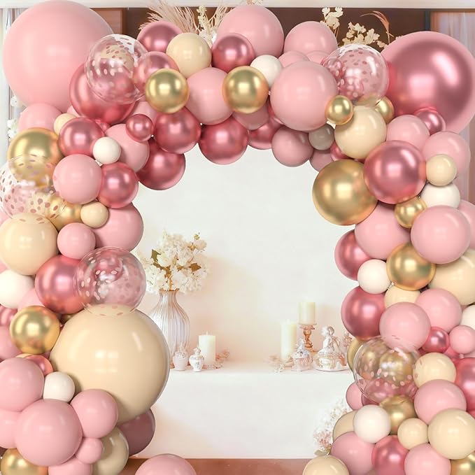 Amandir 153Pcs Boho Blush Balloon Garland Arch Kit, Nude Cream Peach Dusty Rose Pink Gold Confetti Metallic Balloon for Valentines Day Baby Shower Birthday Party Wedding Decorations