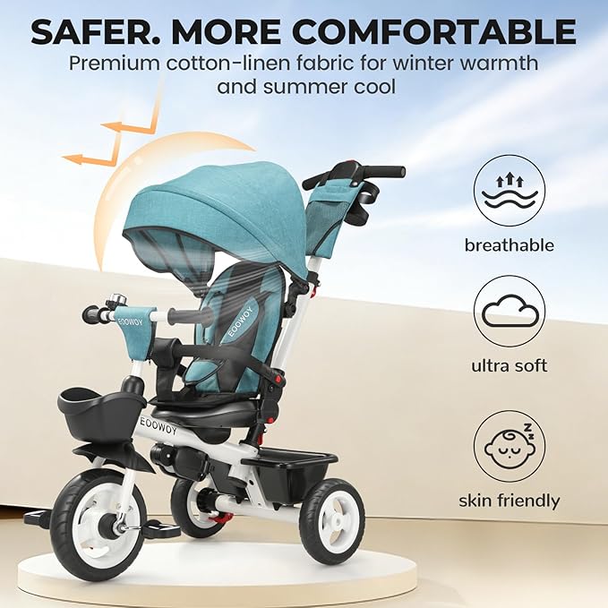 Toddler Tricycle with Push Handle, 7 in 1 Stroller Trike with 360° Swivel Seat, Reclining Backrest, All-Terrain Wheels, Dual Brakes, Canopy & Storage, Gift for Kids 18 Months to 5 Years, Green