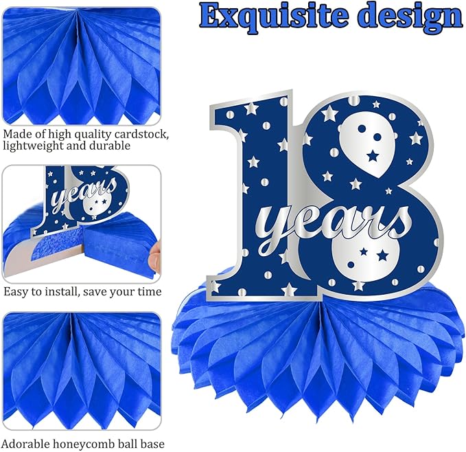 Kauayurk 8Pcs 18th Birthday Decorations Table Centerpiece Party Supplies, Blue Silver Happy 18 Year Old Birthday Honeycomb Centerpieces, Eighteen Birthday Table Topper Decor
