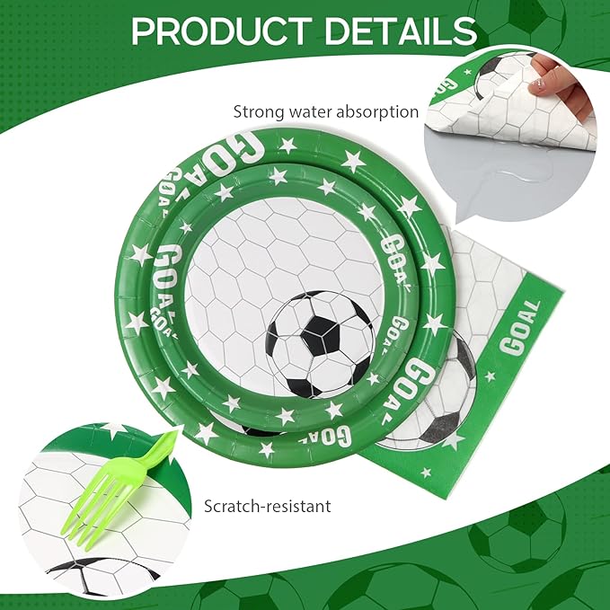 96pcs Soccer Plates - Green and White Soccer Party Theme Paper Plates and Napkins Cups for 24 Guests Disposable Kid's Birthday Soccer Party Supplies Decorations