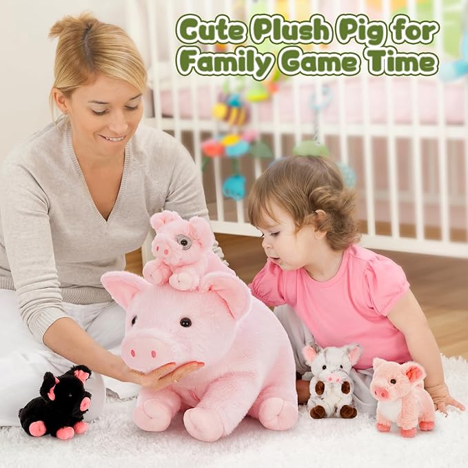 5 Pcs Pig Stuffed Animal Plush - Pink Mommy 16" with 4 Little Piggy in Her Zippered Tummy - Cute Plushie Toy Gift for Girls and Kids