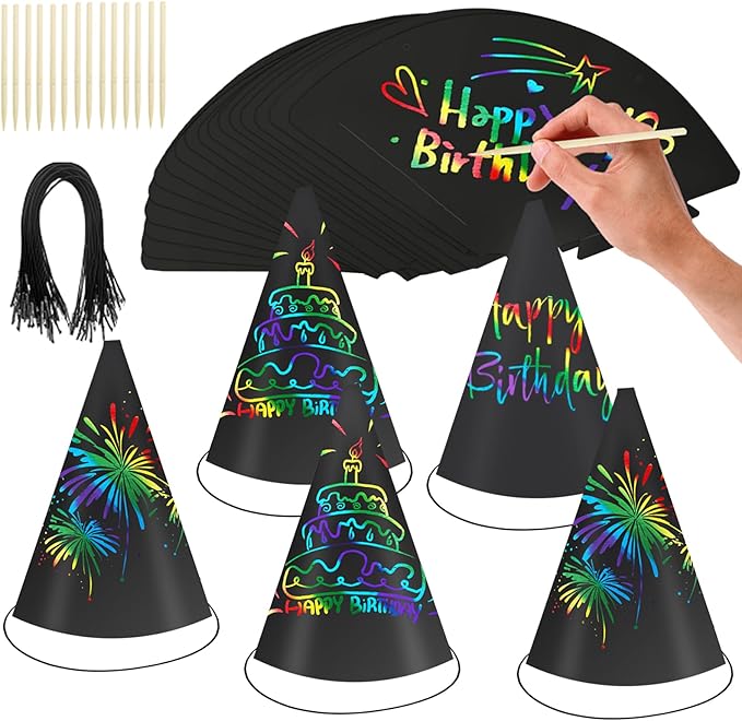144 PCS Rainbow Scratch Party Hats Bulk Colorful DIY Birthday Cone Hats for Kids and Adults, Fun Birthday Decoration Supplies for Parties and Celebrations