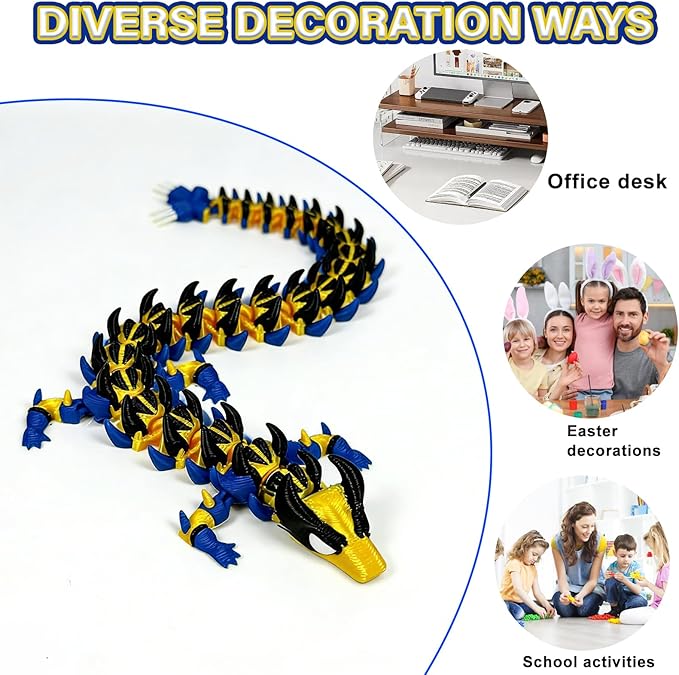 3D Printed Dragon,3D Printed Dragon Model,Flexible Articulated 3D Dragon Fidget Model,Unique 3D Printed Animals Gift and Desktop Decoration (Gold & Black-10 inch).