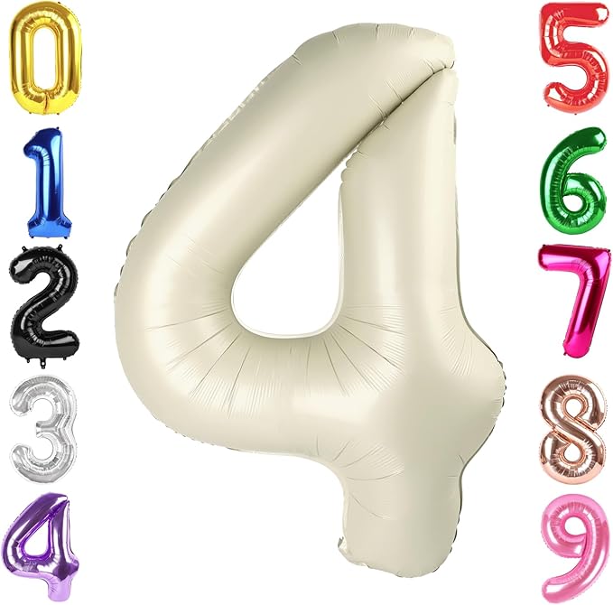 40 Inch Cream Number 4 Balloon, Giant 4 Number Balloons for 4th Birthday Decorations, Party Supplies for Baby Boy Girl, Cream Party Decor