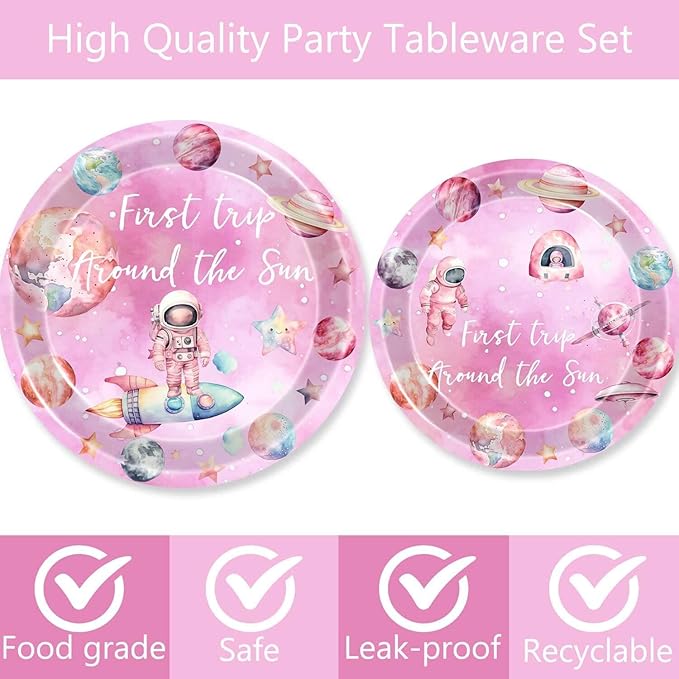 51 Pcs First Trip Around The Sun Birthday Party Supplies Pink Outer Space Tablecloth Paper Dinner Plates Napkins Forks Dinnerware for Space Theme Baby Shower Girls 1st Birthday Party Decorations