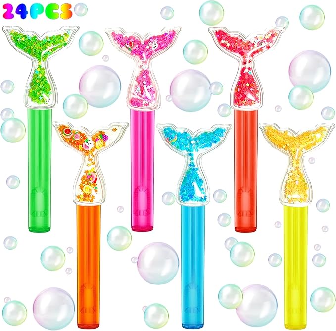 Mermaid Party Favors,24Pcs Glitter Mermaid Tail Bubble Wands for Kids Birthday Party Supplies,Classroom Prizes Pinata Goodie Bag Stuffers Gift