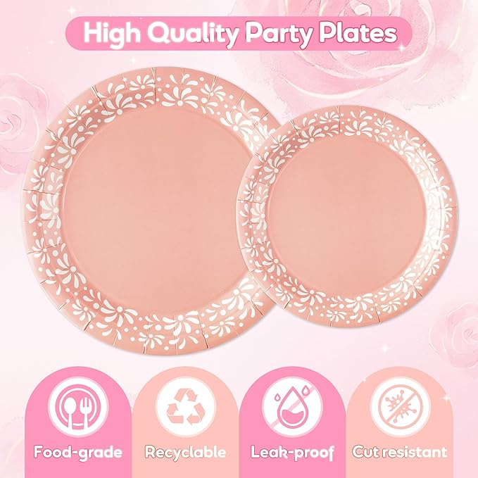 96Pcs Pink Platos De Barro Mexicanos Cielito Lindo Terracotta Clay Party Plates Supplies Tableware Decorations Disposable Paper Plates Napkins Forks for Birthday Baby Shower, Serves 24