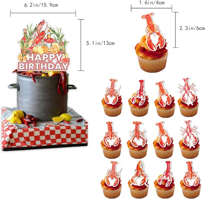 46Pcs Crawfish Boil Party Supplies Include Banner-Backdrop-Balloons-Cake Topper-Cupcake Toppers-Aluminum Film Balloons for Lobster Party Decorations