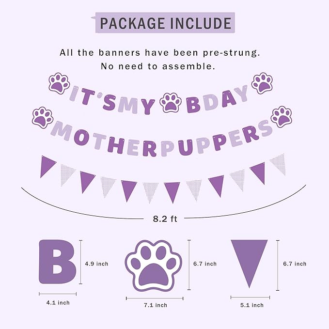 Vicycaty Pre-strung Birthday Party Supplies - It's My Bday Mother Puppers Banner Sign, Puppy Dog Paw Decorations Backdrop, Happy Birthday Pennants Banner for Boy Girl