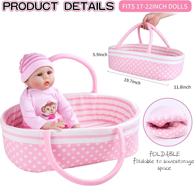 9 Pcs Set Reborn Baby Dolls Clothes with Pink Dot Bassinet for 17-22 Inch Reborn Dolls,Realistic Baby Doll Accessories Outfit fit Newborn Baby Doll Girl