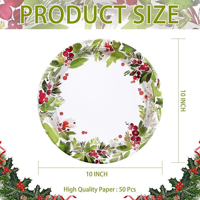 50Pcs Christmas Paper Plates 10" Watercolor Holly Plates Disposable Mistletoe Berry Platter Dinner Tableware Christmas Party Decorations for Seasonal Winter Holiday Party Supplies