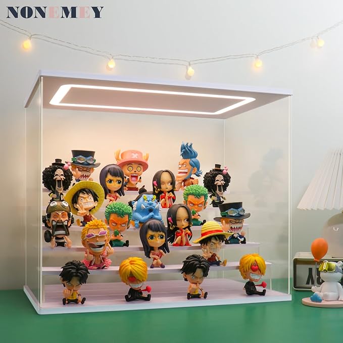 NONEMEY Clear Acrylic Display Case Stand with LED Light 2/3/4/5/6 Tier Storage Box Showcase Dustproof Organizer Box for Collectibles (White 6 Tiers 15.7 * 12.5 * 16.5inch)