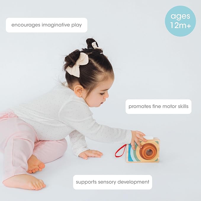Pearhead Wooden Kaleidoscope Camera Toy, Montessori Pretend Play Camera with Click Button and Soft Strap, Creative Learning for Toddlers 12m+, Easter Basket Gift