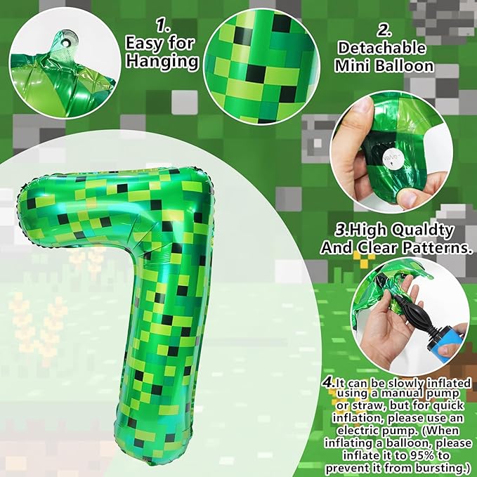 40in Pixel Number 7 Balloon Birthday Decorations, Miner Theme Foil Balloons banner Blast Gaming Party Supplies