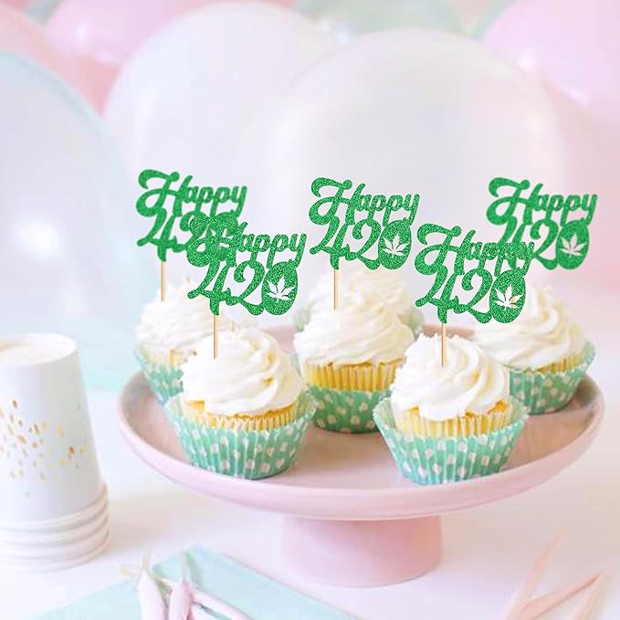 Ercadio 24 Pcs Green Glitter Marijuana Cupcake Toppers Have a Dope Birthday Cake Topper Cake Decorations for Men Women Marijuana Them 420 Birthday Party Supplies