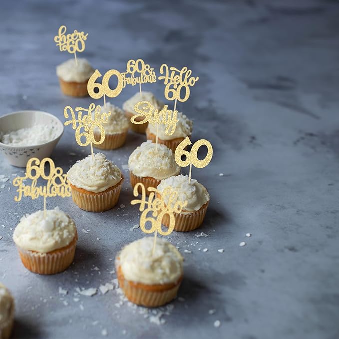 30Pcs Happy 60th Birthday Cupcake Toppers Gold Glitter Sixty Cake Toppers Cheers to 60 Years Old Birthday Cupcake Picks for 60th Birthday Anniversary Party Cake Decorations Supplies