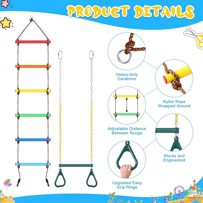 ShinyRelief 2 Pack Gym Swing Sets 48'' Trapeze Swing Bar Monkey Bar Heavy Duty Chain with Locking 6.8ft Climbing Rope Ladder Climbing Game for Accessories Tree House Playground Outdoor Play(Green)