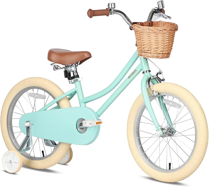 Petimini Vintage Kids Bike for Girls, 12–20 Inch Classic Bicycle with Wicker Basket & Bell, High Tensile Steel Frame, Training Wheels (12–18”), 85% Pre-Assembled, Retro Bike for Outdoor Riding