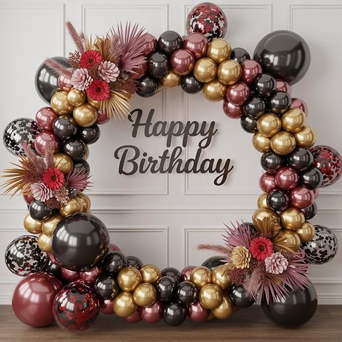 Black Burgundy Gold Balloons,12 Inch Metallic Gold Burgundy Maroon Red Black Latex Confetti Balloon for Kids Baby Shower Party Decoration