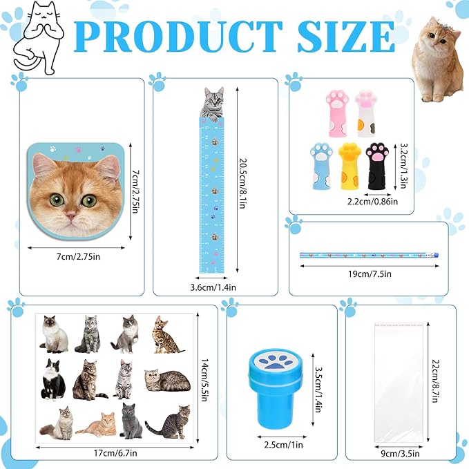PerKoop 168 Pcs Cat Party Favors Set - Mini Notebook, Sticker, Stamp Stationery - Cat Themed Party Favor for Kitten Animal Birthday Decorations & Supplies