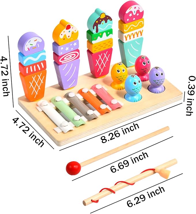 Wooden Montessori Toys for 3 Year Old，Shape Sorter Stacking Games, Fishing Games Preschool Learning Educational Toys for Boys Girls Toddlers (Ice Cream)
