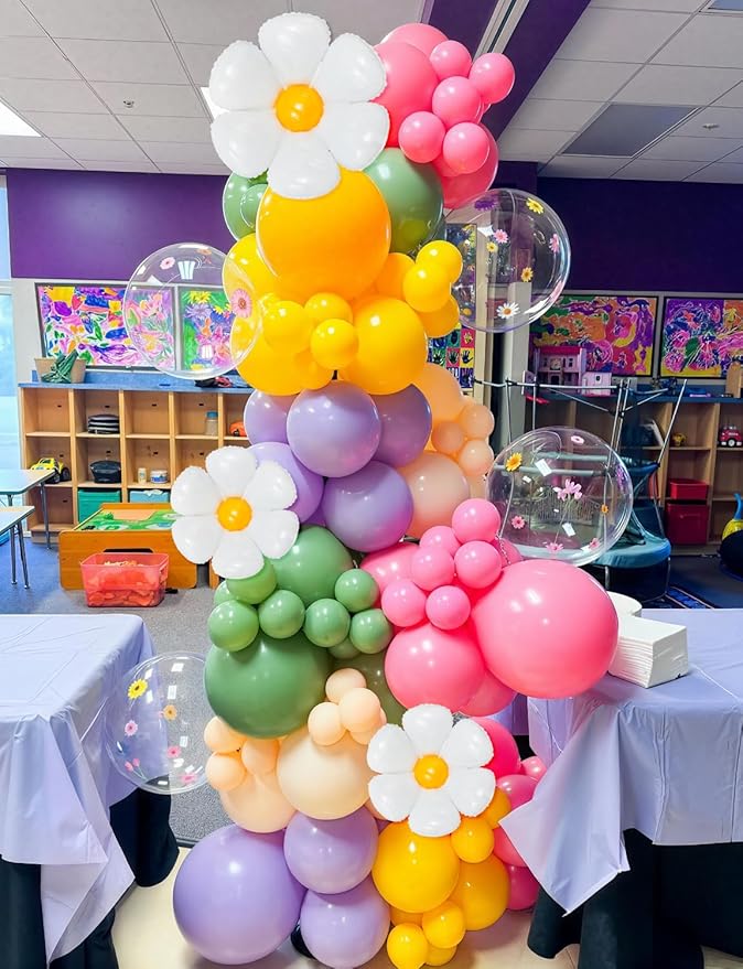 Daisy Balloon Arch Garland Kit, 152 Pcs Pastel WildFlower Balloons Arch Kit in Pink, Green, Purple, Blue, Yellow and Beige for Baby Shower, Spring Daisy Theme Birthday Decorations