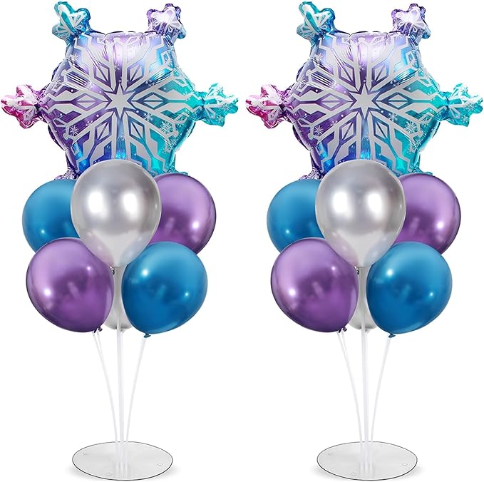 Snow Birthday Party Balloons Stand Kit 2 Sets With Snowflake Foil Balloons for Winter Wonderland Girl Princess Birthday Party Themed Decorations - Balloon Centerpiece for Tables