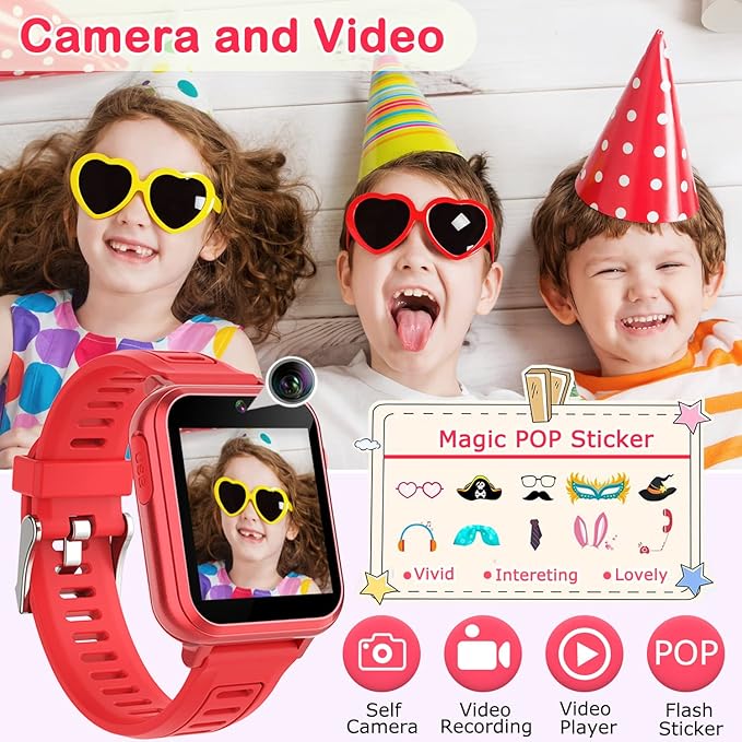 Cosjoype Kids Smart Watch Gift for Girls Age 6-12, 24 Puzzle Games HD Touch Screen Kids Watches with Video Camera Music Player Pedometer Audiobook 12/24 hr Toys for 7 8 9 10 11 12 Year Old Girls