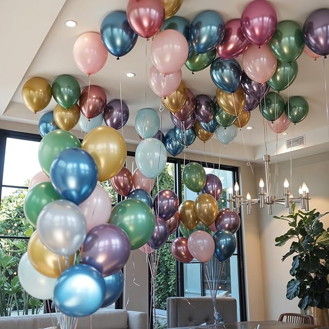 Pastel Metallic Balloons, 12 Inch Assorted Chrome 6 Color Blue Purple Green Pink Gold Champagne Latex Party Balloon for Birthday Graduation Anniversary Baby Shower Wedding Decorations