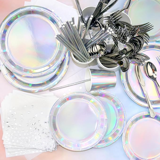 161Pack Iridescent Party Supplies, Holographic Party Tableware - Iridescent Cup Straws Napkins Forks Knives Spoons Iridescent Foil Tablecloths for Birthday Disco Wedding 80s Party, Serves 20 (20 Set)