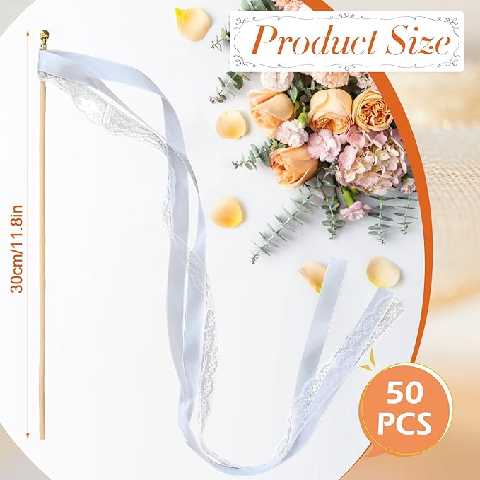 50Pcs Ribbon Sticks Wands Streamers with Bells Silk Lace Fairy Stick Party Ribbon Streamers for Wedding Party, Birthday and Holiday Activities-White