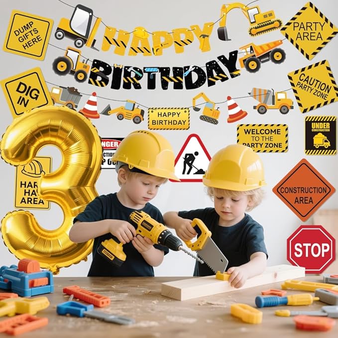 Construction 3rd Birthday Party Supplies Dump Truck Third Party Decorations Kits Set for Kids Three Years Old Birthday with Different Kinds Banner and Signs