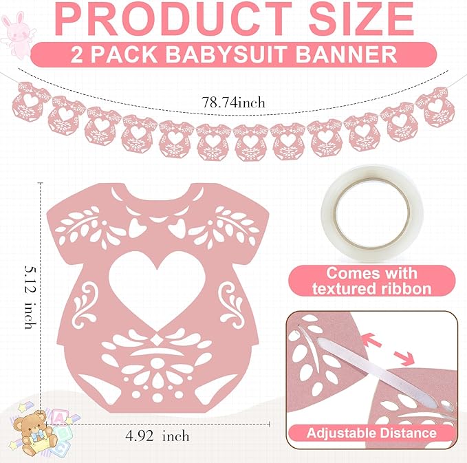 2 Pack Cielito Lindo Papel Picado Baby Shower Banner Decoration, Mexican 24 Pcs Bodysuit Card with Hanging String Fiesta Garland for Gender Baby Shower Party Supplies(Sweet Color)