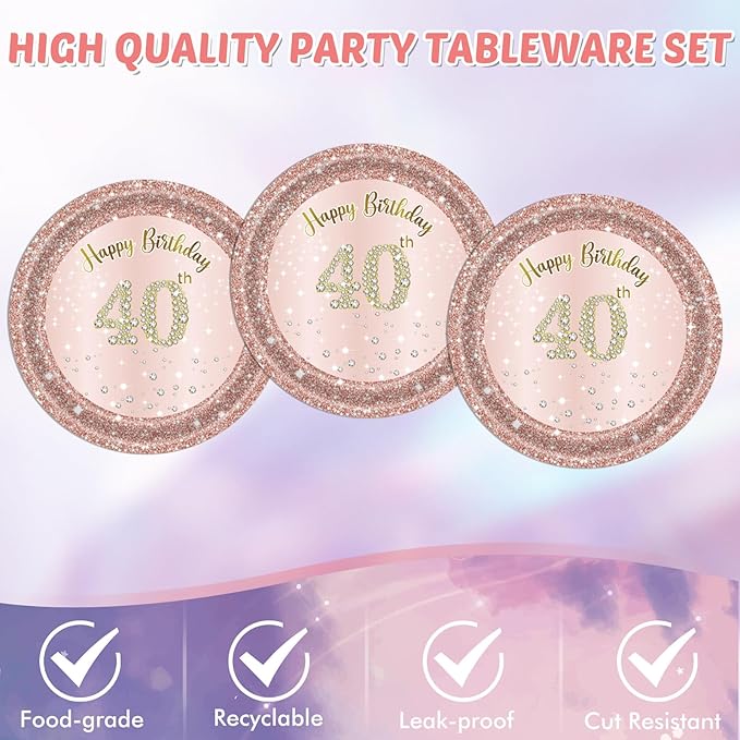40Pcs 40th Birthday Decorations for Women 1986 Birthday Table Disposable Tableware Kit Rose Gold 40th Birthday Plates and Napkins Set 40th Birthday Tablecloth for Women Forty Birthday Party Supplies