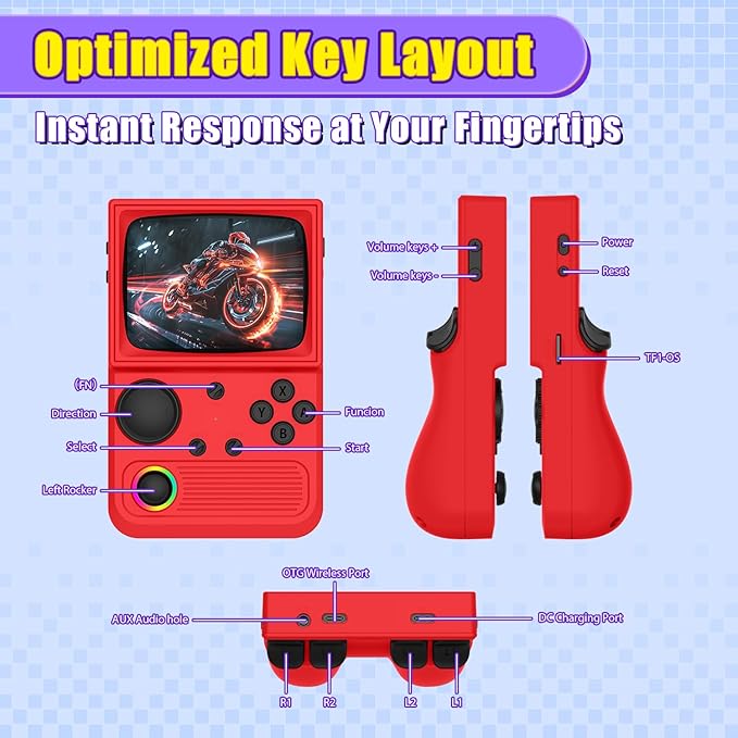 R36T Retro Gaming Console, 3.5'' IPS Screen CRT-Inspired, Handheld Game Console with 18000+ Classic Games Supports WiFi Networked Fighting and OTG, 3500mAh Battery, with Portable Case(Red 64GB)