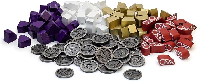 Stonemaier Games: Wyrmspan Resource and Coin Upgrade Pack | Metal Coins and Wooden Resources | 45 Double-Sided Metal Dragon Coins and 104 Wooden Resources (Meat, Gold, Gem, and Milk) - Add to Wyrmspan