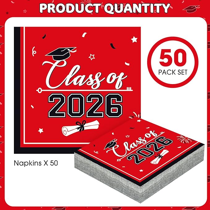 50 Pcs Graduation Napkins Class of 2026 - Red Congrats Grad Napkins Set, 3-Ply Disposable Graduation Luncheon Dinner Party Paper Napkins for Grad Party Supplies Table Decoration