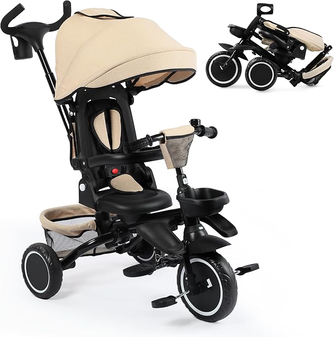 Folding Kids Tricycle, 8 in 1 Toddler Trike W/Removable & Adjustable Canopy, Parent Handle, 5-Piont Harness, Toddler Bike Tricycle for Kids 1-6 Years, EVA Wheels, Storage Basket, Khaki