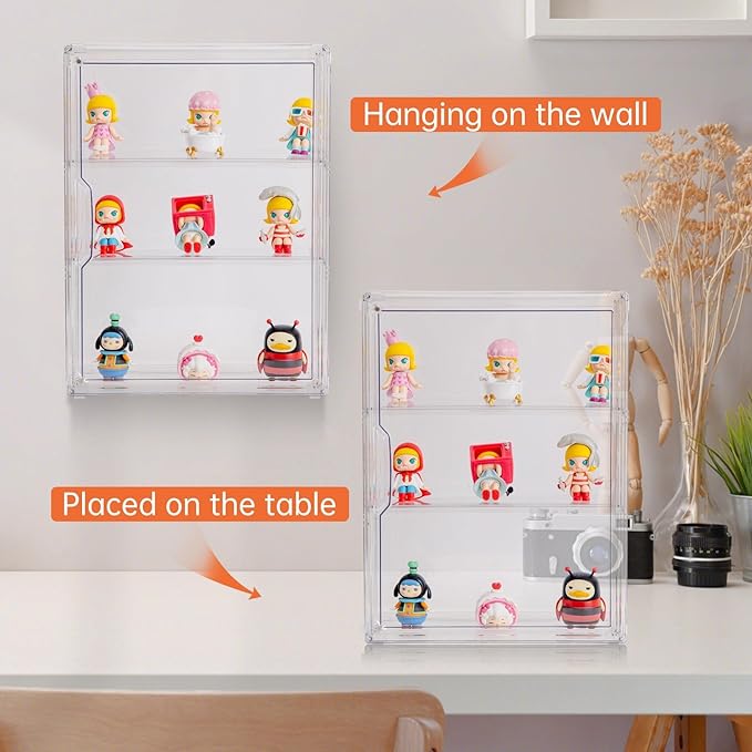 3 Tiers Clear Display Case for Figures, Acrylic Storage Organizers Box with Magnetic Door, Wall-Mounted Dustproof Showcase for Collectibles Action Figure(2PACK Wall-Mounted Medium)