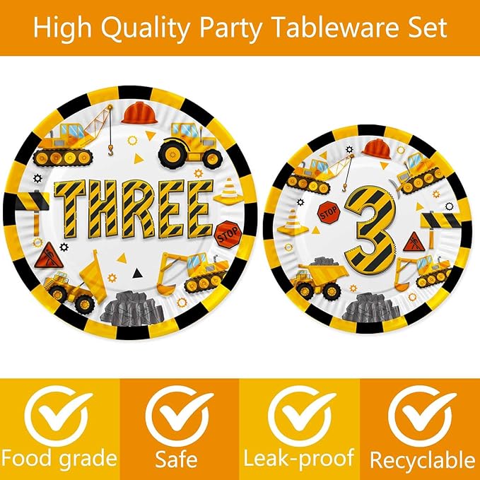 118 Pcs Construction 3rd Birthday Decor Construction Three Years Old Paper Dinner Plates Napkins Forks Cups Tablecloth Banner Dinnerware for Dump Truck Theme 3rd Bday Party Supplies Decorations