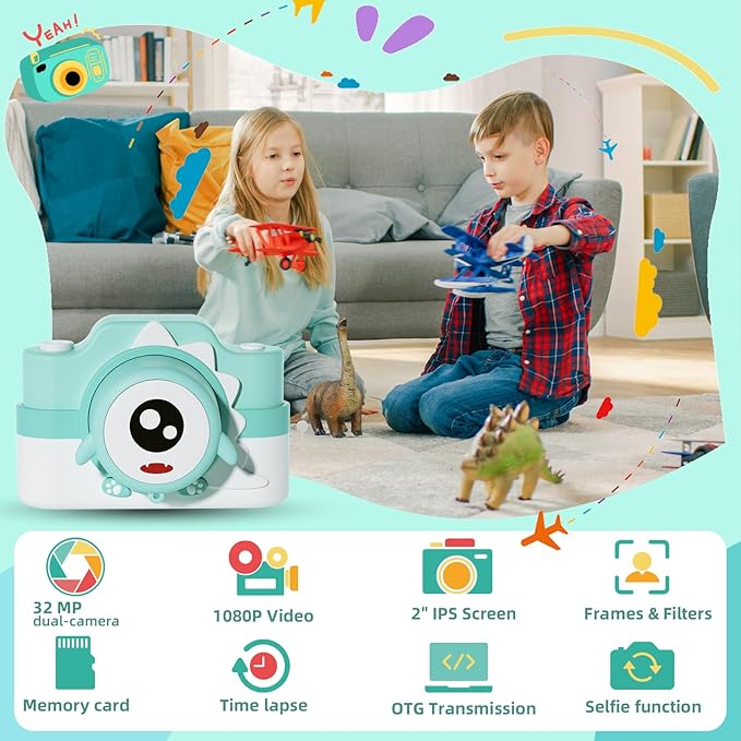 Dinosaur Kids Camera, Non-Game Camera for 3 4 5 6 7 8 9 Yeas Old, 32MP Dual Lens & 1080P HD Video Toddler Children Digital Camera with 32G SD Card, Birthday Festival Gift for Girls Boys 3-12