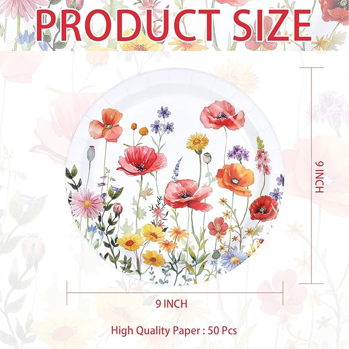 50Pcs Poppy Floral Party Supplies 9" Heavy Duty Watercolor Wildflowers Paper Plates Disposable Red Poppy Flowers Platter for Seasonal Bridal Shower Birthday Wedding Picnic Party Decorations