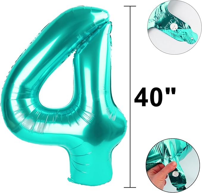 40 Inch Teal Blue Large 4 Balloon Numbers Teal Big Foil Number Balloons Giant Helium Happy 14th 24th Birthday Party Decorations for Man and Women, Huge Mylar Anniversary Party Supplies