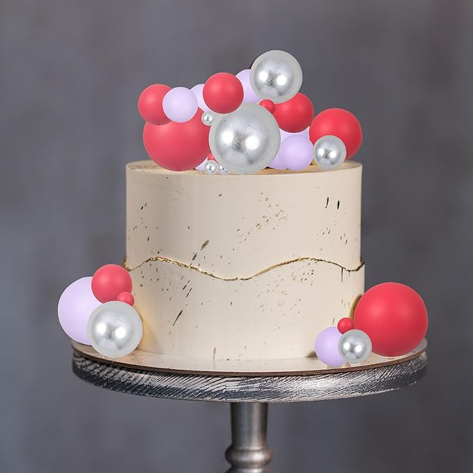 Gyufise 30Pcs Balls Cake Toppers Ball Cake Picks Ball Cupcake Toppers Foam Balls Cake Topper Insert Mini Balloons Cake Decorations for Baby Shower Birthday Party Supplies Silver Rose Red Light Purple
