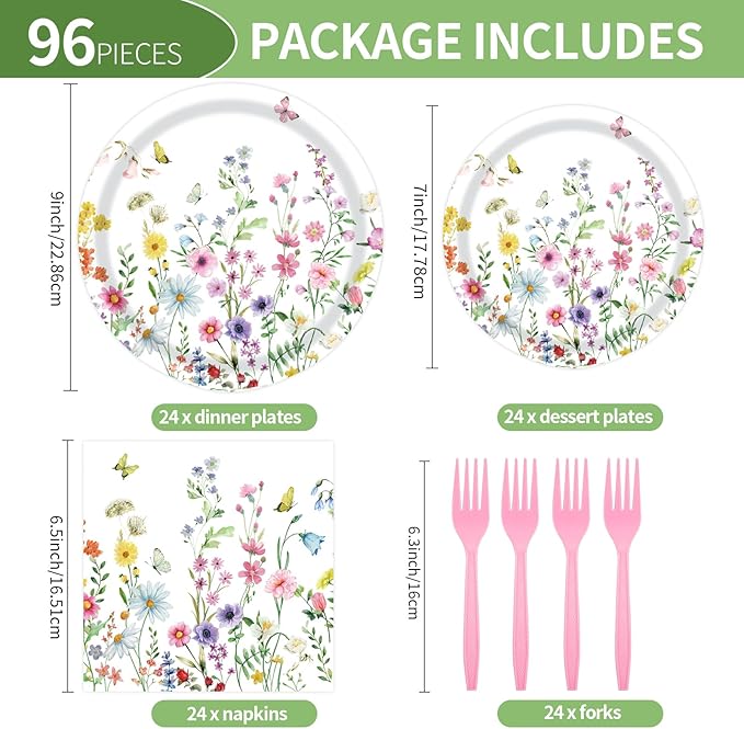 96 Pcs Wildflower Paper Plates and Napkins Party Supplies, Floral Party Plates Napkins Forks Disposable Tableware Set for Picnic Wedding Birthday Baby Shower Tea Party Decorations Serves 24