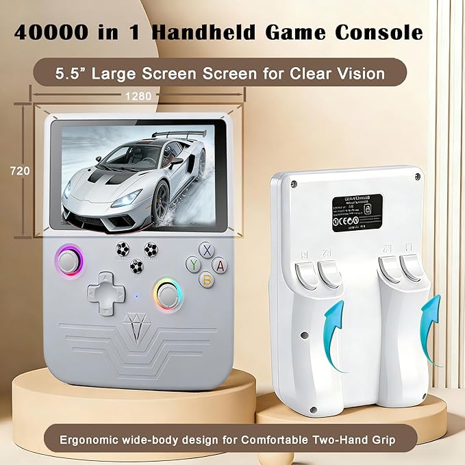 RegiisJoy R60 MAX 40000 in 1 Handheld Game Console, 5.5 Inch IPS Screen Retro Gaming Consoles Main Emulators, Portable Mini Pocket Arcade 6000mAh Battery,128G TF Card,RGB Joysticks White