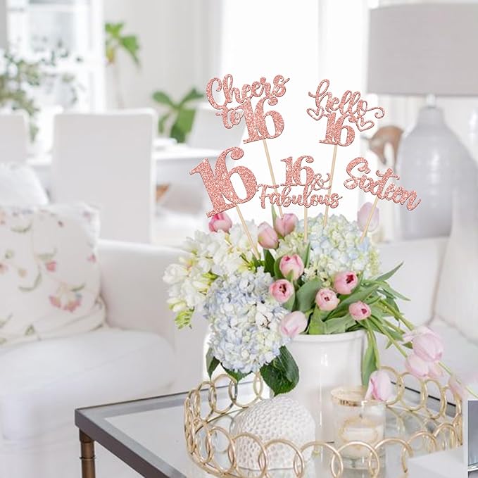 15PCS Happy 16th Birthday Centerpiece Sticks Sixteen Hello 16 Cheers to 16 Table Flower Centerpieces Sticks 16 Fabulous Floral Decorations for Happy 16th Birthday Party Centerpieces Rose Gold